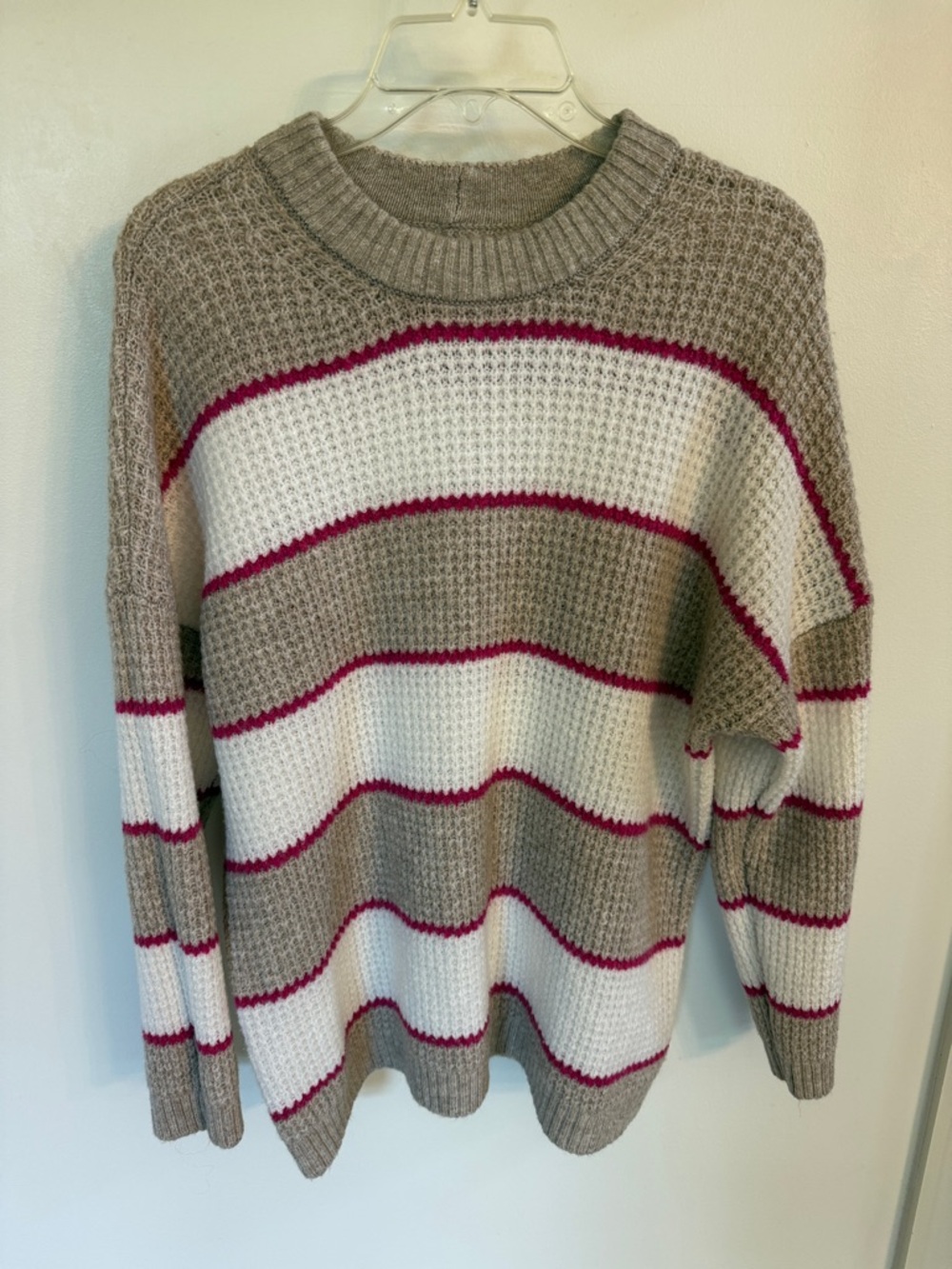 American Eagle Outfitters Beige, White & Pink Striped Waffle Crewneck Sweater